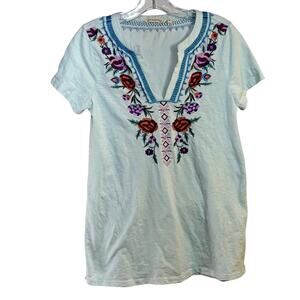 Soft Surroundings Jersey Knit Pullover T-Shirt Blue Women's XS Floral Embroidery